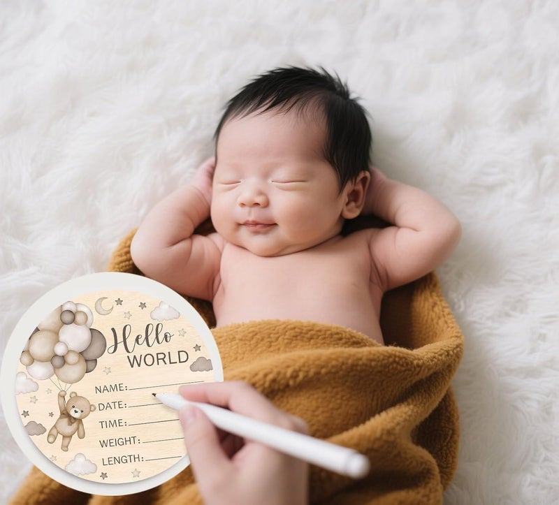 Andrain Double-Sided Wooden Newborn Birth Sign, Brown Bear Baby Announcement Sign, Bear Hello World Name for Hospital, Gift for New Mom Baby Shower, Photography Prop - Image 5